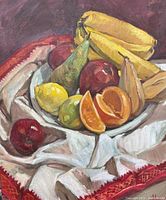 Front view of the still life painting showing detailed depiction of fruit on fabric.
