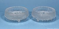 Front view of two small clear glass bowls with three small feet and textured icicle design around the body.