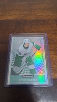 Holographic Mitch Marner hockey card from Parkhurst series in protective casing.