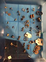 Photo of assorted earrings in a blue plastic tray, showing a variety of styles, sizes and shapes.