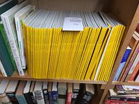 Yellow bordered vintage National Geographic magazines neatly stacked on a wooden shelf with other books.