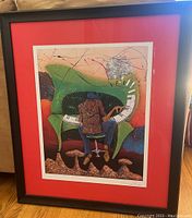 Framed colorful seriolithograph showing a person playing an abstract green piano, signed in plate on archival paper.