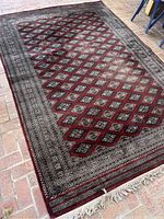Full view of rug laid flat showing overall pattern and fringe