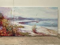 Full view of the oil painting showing the seascape with sailboats and coastal vegetation