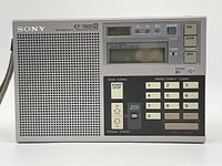 Front view of Sony ICF-7600D radio showing speaker grid, digital display, buttons, and numeric keypad.