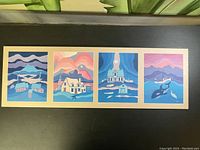 Full view of the set of four Ted Harrison prints matted together showing all.