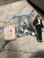 Wide shot showing all items in the lot including the boxed Calico Critters toy, zippered bag of Lego pieces, and the New Kids on the Block doll standing upright.