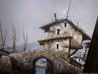 Close-up image of the original Spanish painting showing a stone bridge and building by water with sailboats, painted in a textured impressionistic style.