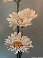 Close-up of white daisies oil painting on blue background showing detailed petals and flower stems