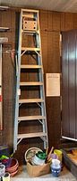 Full view of very tall aluminum ladder against wood-paneled wall with shelf above, showing ladder height and steps.