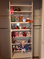 Full view of white shelving unit containing multiple Beanie Babies on four visible shelves including loose and housed in display cases.