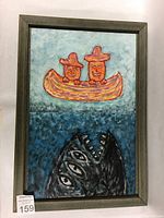 Full view of the painting framed, showing the composition with two characters in a canoe above a three-eyed fish underwater.