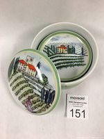 Lidded ceramic fondant box canister with Tuscan vineyard landscape print and matching lid with red-roof buildings and green vineyard rows.