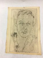 Full image of the drypoint etching artwork showing portrait of a man's face on aged paper with visible borders and minor edge wear.
