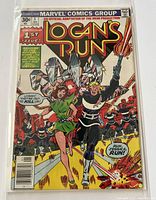 Full front cover view of Logan's Run Marvel Comics #1 showing main characters and title.