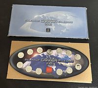 Top photo shows blue rectangular box with 'Millennium Canada 2000' text and oval holder displaying 13 Canadian quarters representing the millennium year 2000.