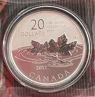 Close-up of one side of the silver coin showing denomination, purity, maple leaf design, and year 2012.