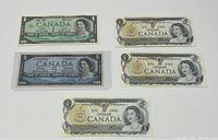 Five vintage Canadian banknotes laid flat: one 1954 blue $5 bill and four $1 bills, including a 1967 Centennial edition.