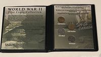 Opened view of the sealed display case showing the text panel about the World War II 5-cent coin collection.
