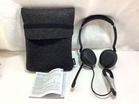 Photo showing headset, carrying pouch, user manual, and coiled connection cable.