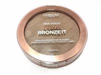 L'Oreal True Match Lumi Bronze It sunkissed bronzer in sealed condition front view showing brand name, product name, and shade information on lid.