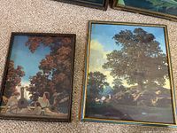 Both Maxfield Parrish lithographs on carpet, showing frames and the artworks 'The Lute Players' and 'Twilight'.