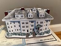 Front and angled view of white Red Lion Inn building sculpture with snow-dusted roof and greenery around base, with deed of ownership partially visible underneath.