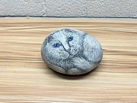 Front side of the smooth rock showing the detailed hand painted curled cat with blue eyes.