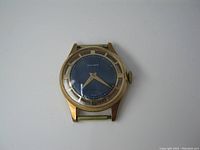 Front view of vintage Rover wristwatch showing blue dial with gold-tone hands and markers. Watch face marked 'ROVER' and 'SWISS'.