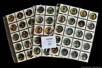 Front side of 1989 Topps baseball metal coins displayed in 5 plastic binder pages showing portraits of various baseball stars.