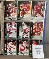 Photo showing nine hockey cards in binder pages including Niklas Lidstrom, Sergei Fedorov, Chris Osgood, Kevin Miller, Blaine Stoughton, Paul Ysebaert, Brent Galloway, Steve Yzerman, Martin Lapointe.