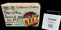 Box labeled 1992-93 Fleer Ultra Series II and Series I cards including Shaquille O'Neal card numbers 1-375 Series 1 and 201-375 Series II