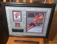 Full view of the framed display showing hockey card, photo, pin, plaque and overall frame condition.