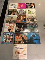 Top-down photo showing all 15 vinyl albums arranged in a grid on floor surface.