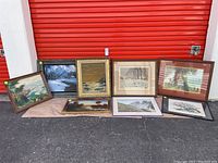 Full group of 8 framed nature art pieces including landscapes, signature visible on some, and variety of frame sizes and conditions