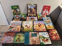 Top-down view of all 16 assorted Walt Disney children's books displayed on a table, showing colorful covers and titles.