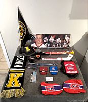 Overview of NHL memorabilia lot including Kingston Frontenacs scarf, flag, Senators plaque, Canadiens baby apparel, and assorted fan items.
