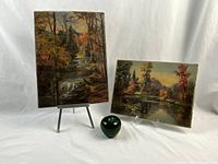 Overview of both oil on board paintings with green apple reference