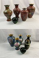 Overview of four cloisonne vases with green glass apple size reference