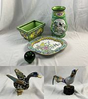 All five items together: green vase, square pot-dish, floral plate, two cloisonne birds, and reference apple.