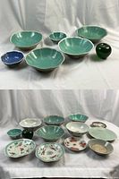 Six celadon-glazed scalloped and two small floral-motif bowls with green apple size reference