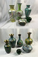 Overall group shot of hand-painted porcelain items (top) and cloisonné items (bottom) against white background