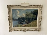 Full view of framed oil painting depicting children on dock by a lake