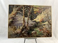 Full front view of the oil on board painting showing overall composition, frame edges, and stand.