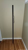 Full length view of dark brown wooden walking stick standing against a wall