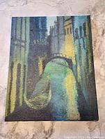 Full view of the oil painting depicting Venice canal scene at night with gondola under a bridge.