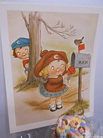Close up of one 8x10 lithograph print showing two children in Campbell's Soup hats near a mailbox with a red flag and a small bird perched