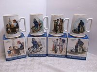 Set of 4 Norman Rockwell Seafarers Collection porcelain tankards with original boxes, showing full set and packaging condition.