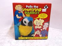 Front of original box for Polly The Insulting Parrot anti-political correctness novelty toy, listing price and cartoon graphics.