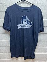 Front view of navy blue Detroit Tigers Rally Goose T-shirt with graphic and text reading 'Rally Goose'.